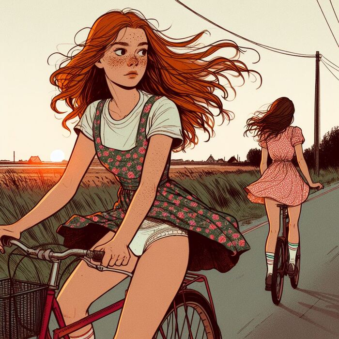 Evening bike rides - NSFW, My, Neural network art, Нейронные сети, Art, Girls, Anime art, Original character, Redheads, Freckles, The dress, Pantsu, A bike, Summer, Evening, Longpost