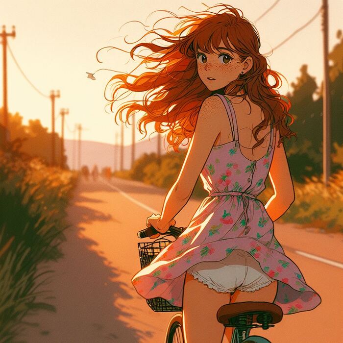 Evening bike rides - NSFW, My, Neural network art, Нейронные сети, Art, Girls, Anime art, Original character, Redheads, Freckles, The dress, Pantsu, A bike, Summer, Evening, Longpost