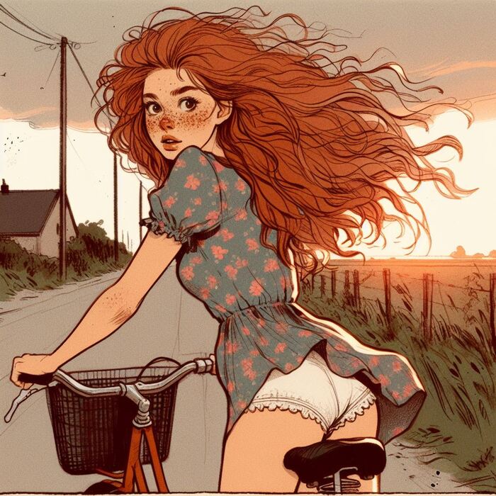 Evening bike rides - NSFW, My, Neural network art, Нейронные сети, Art, Girls, Anime art, Original character, Redheads, Freckles, The dress, Pantsu, A bike, Summer, Evening, Longpost