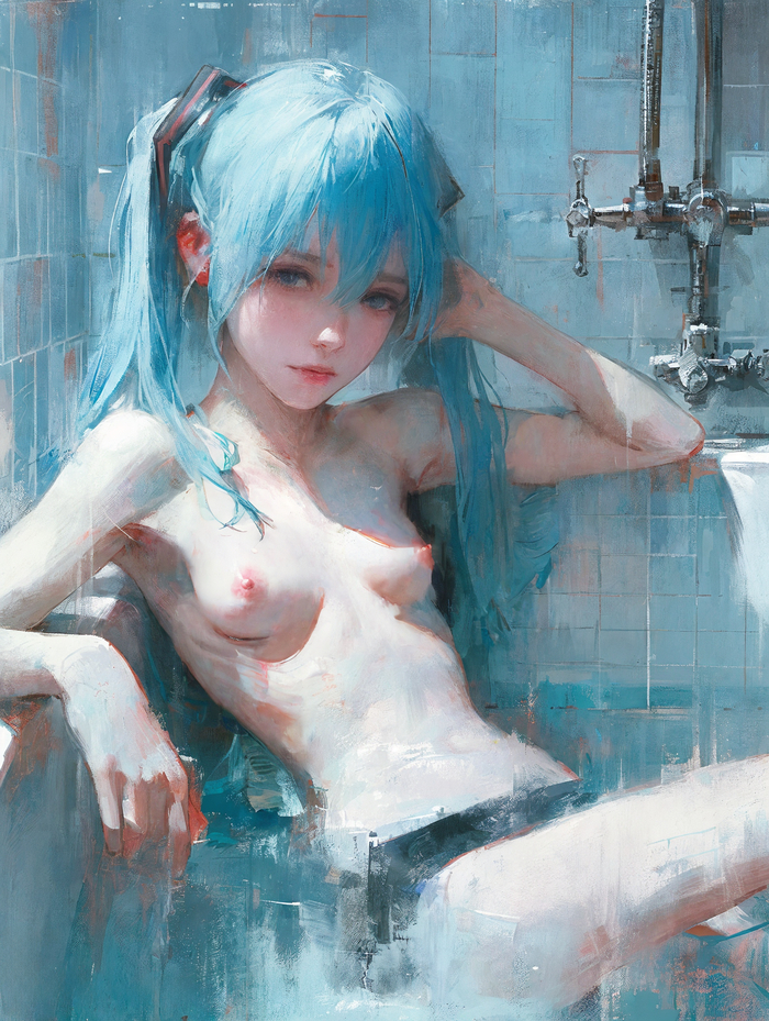 Mikushi's bath treatments, oil painting - NSFW, My, Erotic, Anime art, Anime, Neural network art, Midjourney, Drawing, Oil painting, Hand-drawn erotica, Girls, Topless, Underpants, Naked, Boobs, Hatsune Miku, Vocaloid, Blue hair, Blue Eyes, Digital drawing, Colorful hair