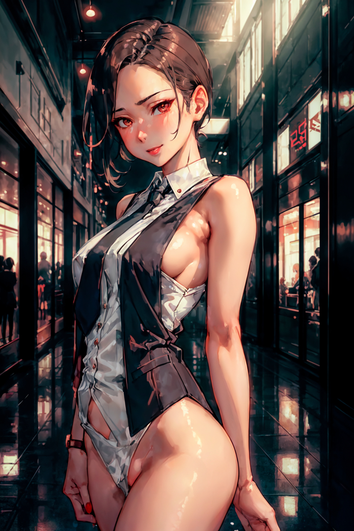 In the middle of the mall - NSFW, My, Neural network art, Stable diffusion, Girls, Anime art, Portrait, Hand-drawn erotica, Cameltoe, Vest, Tie, Brunette, Shopping center