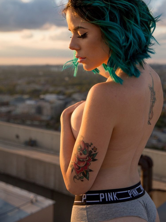 Shy^.. ^ - NSFW, Girls, Erotic, Naked, Boobs, Tattoo, Girl with tattoo, Colorful hair, Underwear, Roof