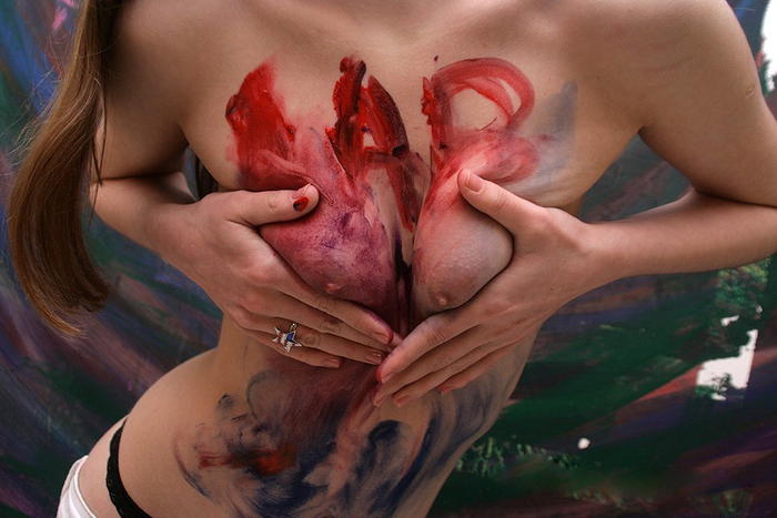 Indulged with children's paints - NSFW, My, Boobs, Girls, Erotic, Naked, Bodypainting, Paints, Small, Rusa