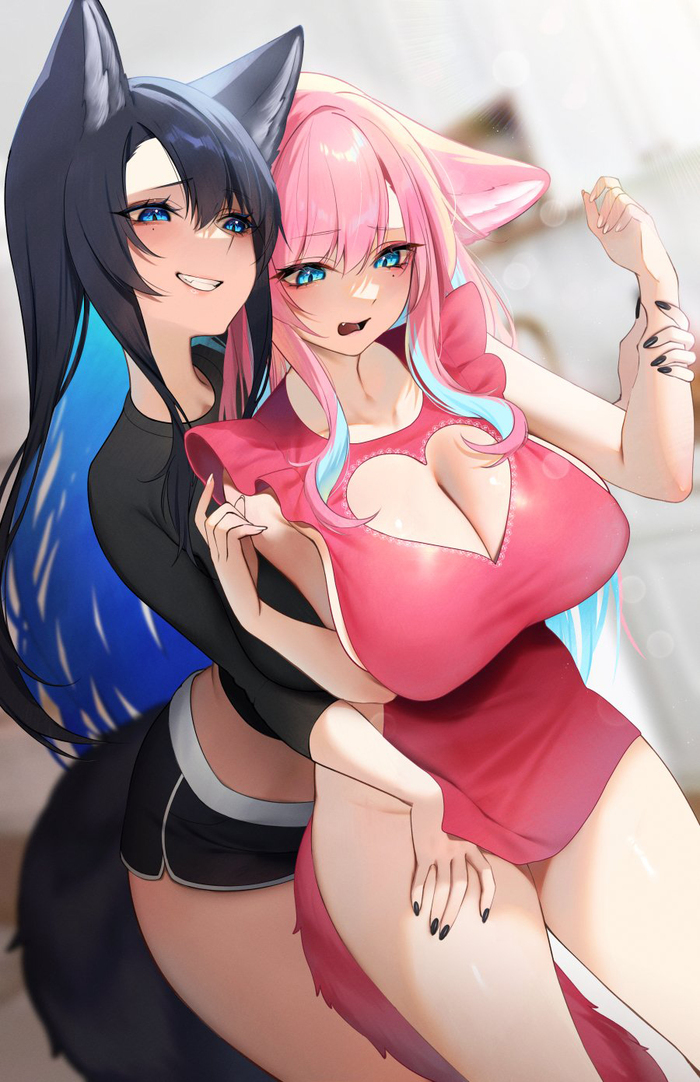 Reiko X Reika - NSFW, Anime art, Anime, Original character, Tofuubear, Reiko, Animal ears, Tail, Yuri, Friend