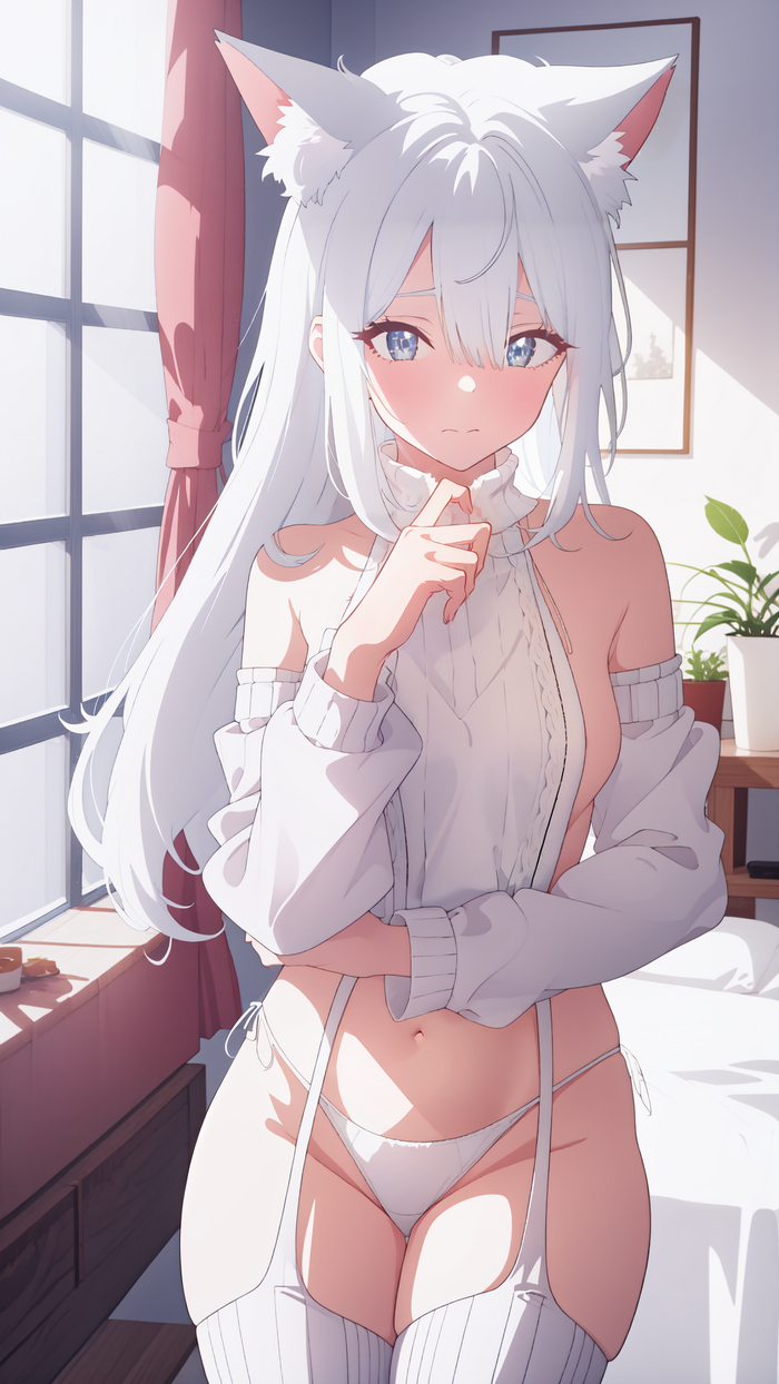 Белая Нека - NSFW, Моё, Девушки, Арты нейросетей, Anime Art, Сиськи, Неко, Арт, Virgin killer sweater