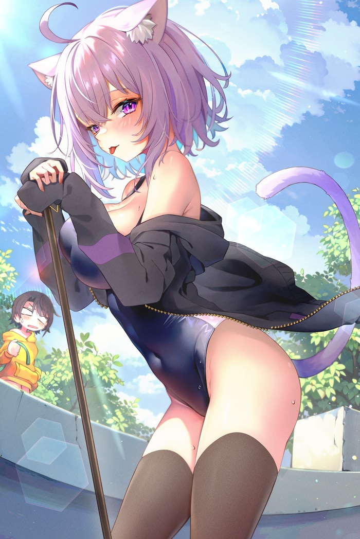 pool cleaning - NSFW, Art, Anime art, Anime, Hololive, Virtual youtuber, Nekomata Okayu, Oozora Subaru, Animal ears, Tail, Stockings, Swimsuit