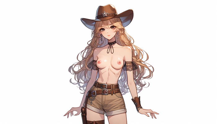 The new sheriff has arrived in the city - NSFW, My, Erotic, Boobs, Cowboy hat, Cowboy shirt, Anime art, Anime, Neural network art, Dall-e, Long hair, Blonde, Choker, Shorts, Topless, Hand-drawn erotica, Western film, Belt