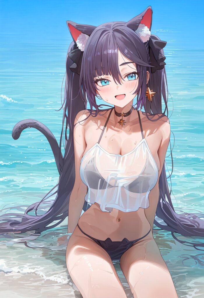 Mona Meaugistus - NSFW, Mona, Anime art, Genshin impact, Anime, Games, Swimsuit, Summer, Sea, Animal ears, Tail, Girls, Bikini, Neural network art, Mona (genshin impact)