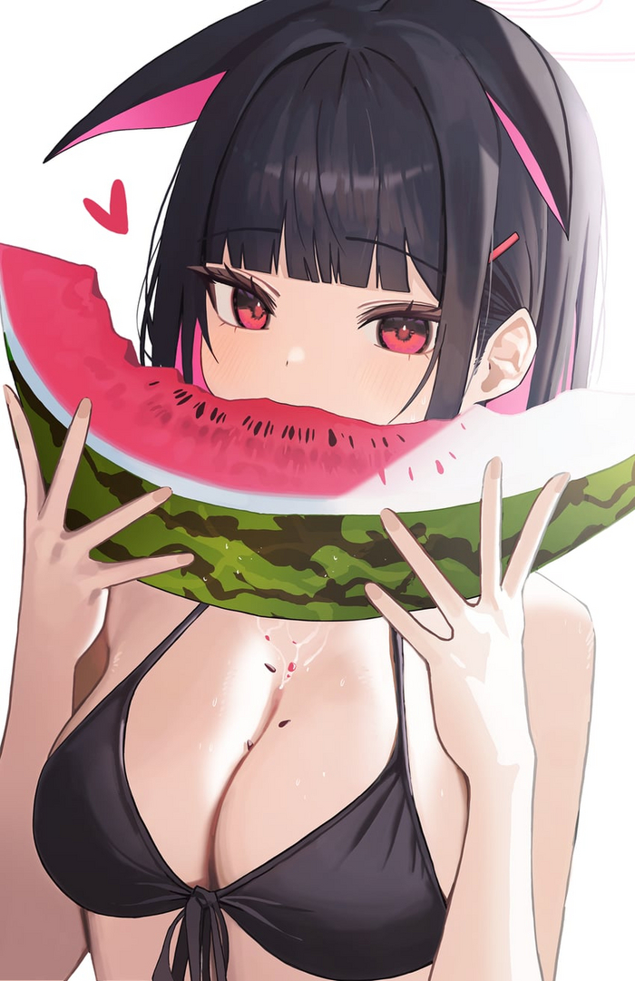 Who says cats don't like watermelons? - NSFW, Anime, Anime art, Blue archive, Kyouyama Kazusa, Swimsuit, Animal ears, Neko, Watermelon