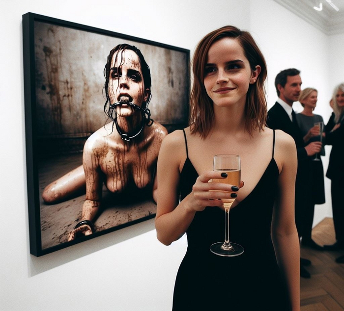 One Hundred Points - NSFW, Emma Watson, Hermione, Celebrities, Vulgarity, Neural network art, Girls, beauty, Humor, Memes, Sexuality, BDSM, Exhibition, Gallery, Charm, Goblets, Alcohol, The dress, Waist, Figure