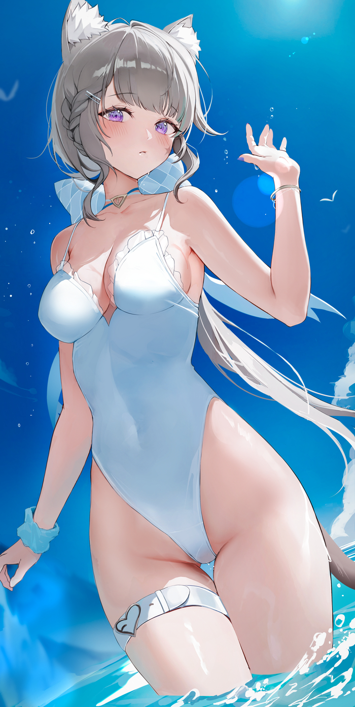 Lynette - NSFW, Anime art, Anime, Girls, Games, Genshin impact, Animal ears, Lynette (Genshin Impact), Tail, Swimsuit, Sea