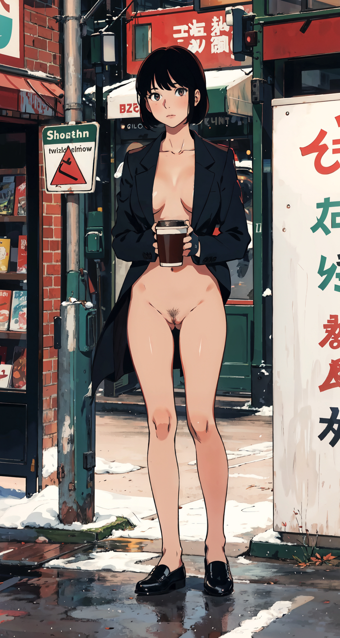 Coffee break - NSFW, My, Stable diffusion, Neural network art, Anime art, Girls, Hand-drawn erotica, Pubes, In public, Naked, Jacket, Coffee, In full growth, Exhibitionism, Shoes, Boobs