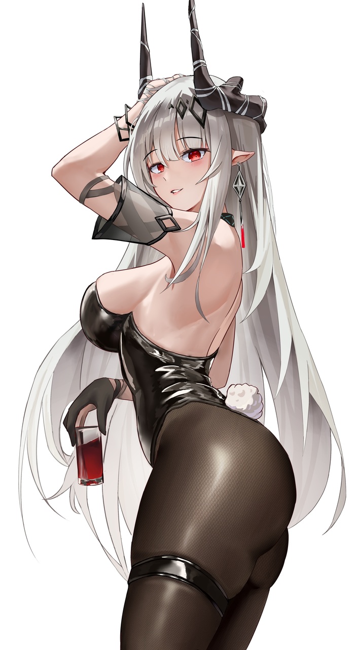 Bunny Mudrock - NSFW, Art, Anime art, Anime, Arknights, Mudrock, Bunnysuit, Booty, Girl with Horns, Erotic, Hand-drawn erotica