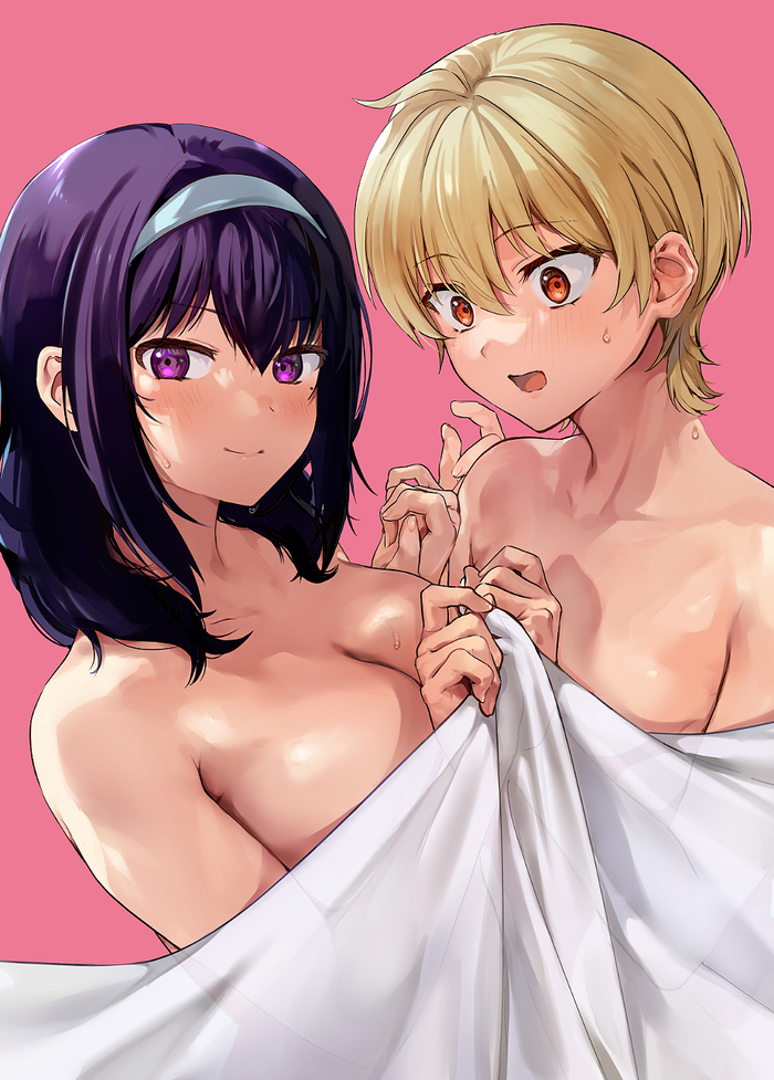 Hana & Chiaki - NSFW, Anime art, Anime, Yuri, Sekai de ichiban oppai ga suki, Harumi Hana, Ichihara Chiaki, Naked, Friend