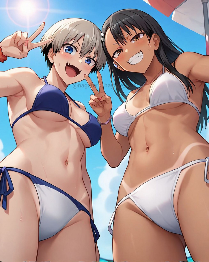 badass - NSFW, Anime, Anime art, Boobs, Swimsuit, Neural network art, Tan line, Nagato, Ijiranaide Nagatoro-san, Uzaki Hana, Uzaki-Chan wa asobitai!