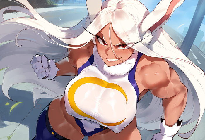 Heroine - NSFW, Art, Anime, Anime art, Hand-drawn erotica, Erotic, Neural network art, Boku no hero academia, Miruko, Muscleart, Strong girl, Animal ears, Tail