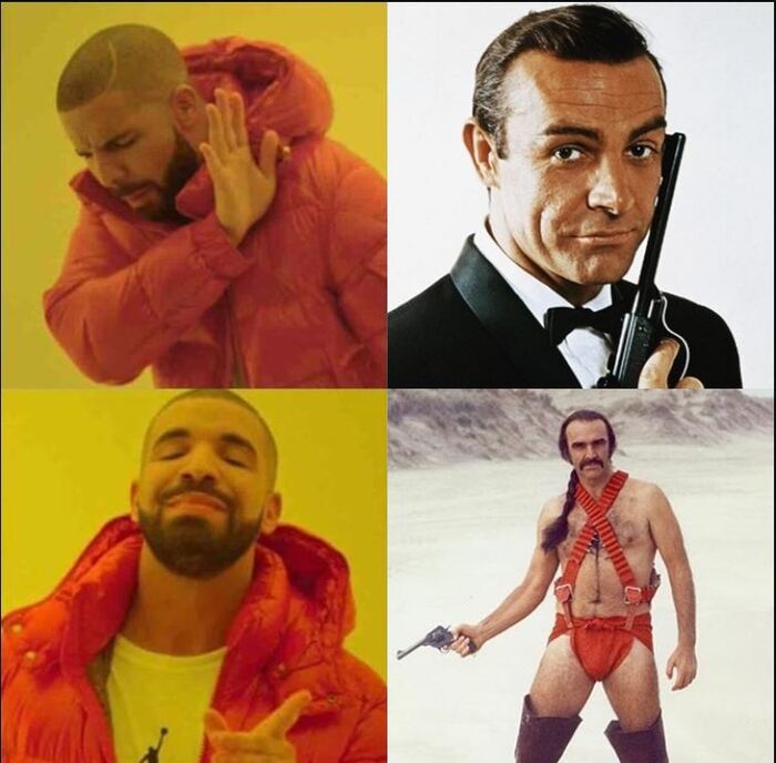 Choose your hero - catch up with him and overtake him, Suvorov said - NSFW, Picture with text, Humor, Memes, Rapper Drake, Sean Connery