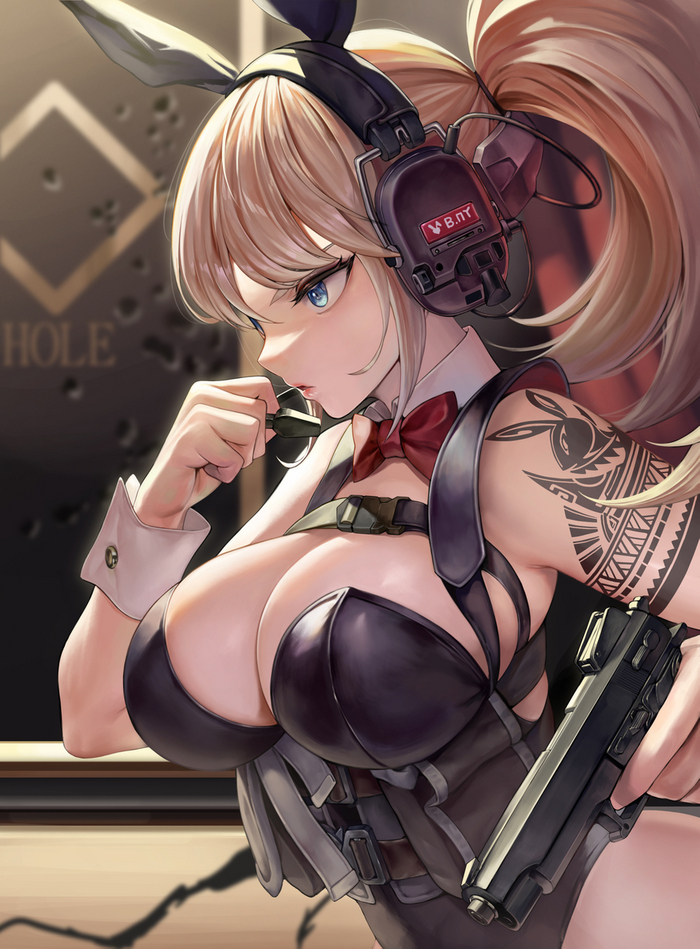 Tactical Bunny - NSFW, Anime, Anime art, Original character, Bunnysuit, Bunny ears, Tactics, Girl with tattoo