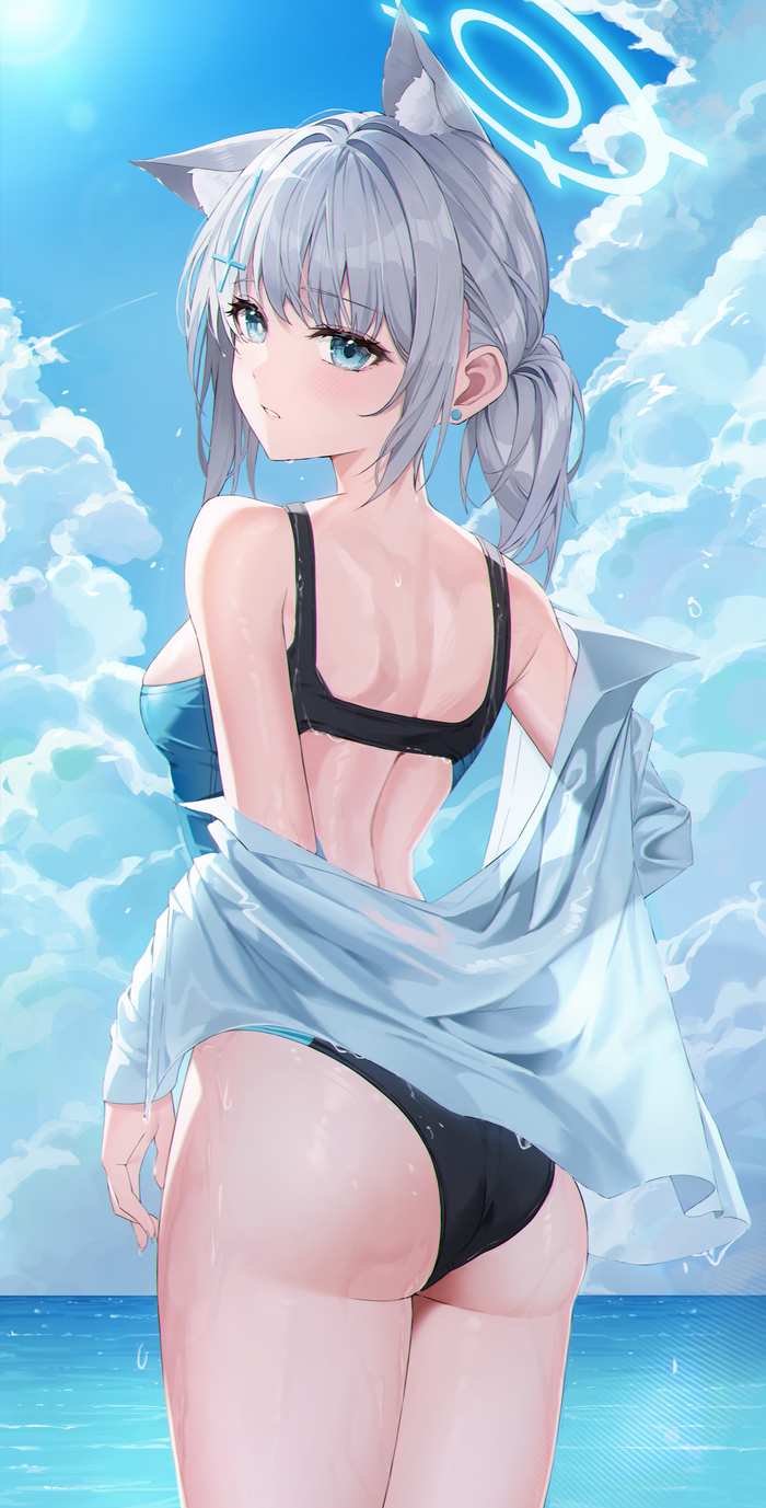 Sea breezes - NSFW, Anime, Anime art, Games, Girls, Sunaookami shiroko, Animal ears, Blue archive, Swimsuit, Sea, Junhwan