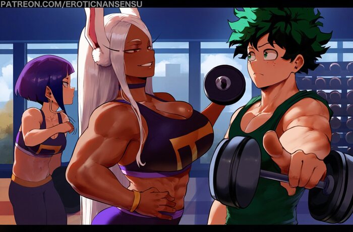 Continuation of the post вЂњTrainingвЂќ - NSFW, Art, Anime, Anime art, Hand-drawn erotica, Erotic, Neural network art, Boku no hero academia, Miruko, Animal ears, Muscleart, Strong girl, Twitter (link), Midoriya izuku, Kyouka Jirou, Reply to post