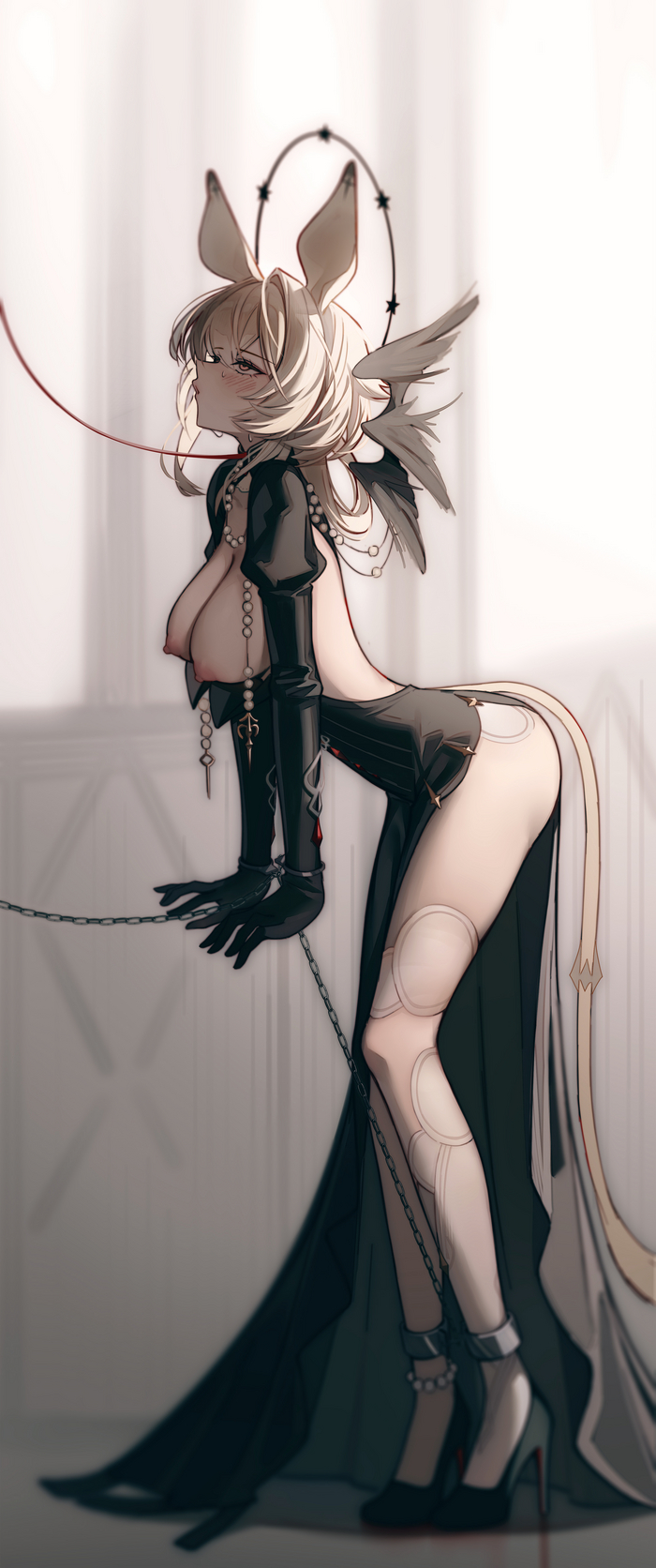 Dorothy - NSFW, Anime art, Anime, Arknights, Dorothy (Arknights), Animal ears, Leash, Handcuffs, Shackles, High heels, Girls, Tail, Boobs, Longpost