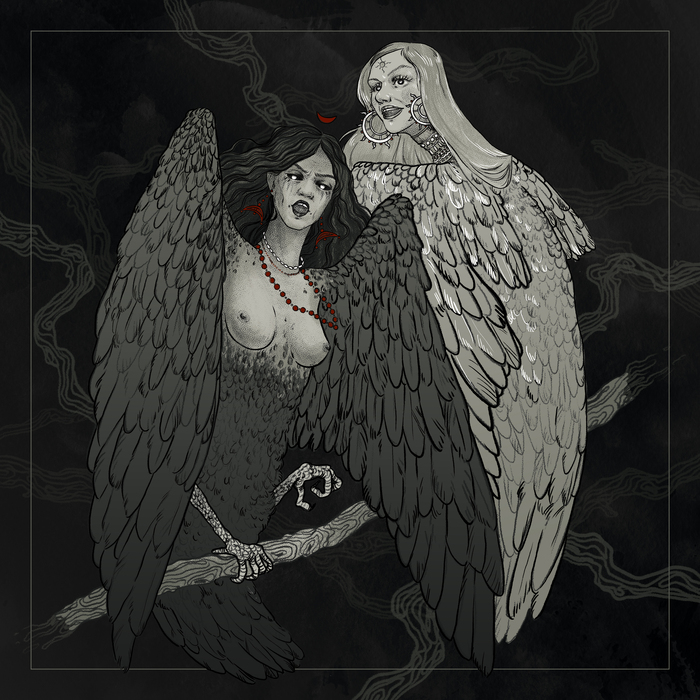 Sirin and Alkonost - NSFW, My, Art, Painting, Illustrations, Sketch, Hand-drawn erotica, Boobs, Mythology, Slavic mythology, Bird Sirin, Alkonost, Digital drawing, 2D