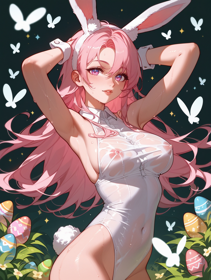 Tired of collecting Easter eggs - NSFW, My, Girls, Art, Anime, Anime art, Neural network art, Original character, Colorful hair, Pink hair, Long hair, Drawing, Bunny ears, Bunnysuit, Bunny tail, Eggs, Butterfly, Smile, Nipples, Hand-drawn erotica, Erotic, Boobs