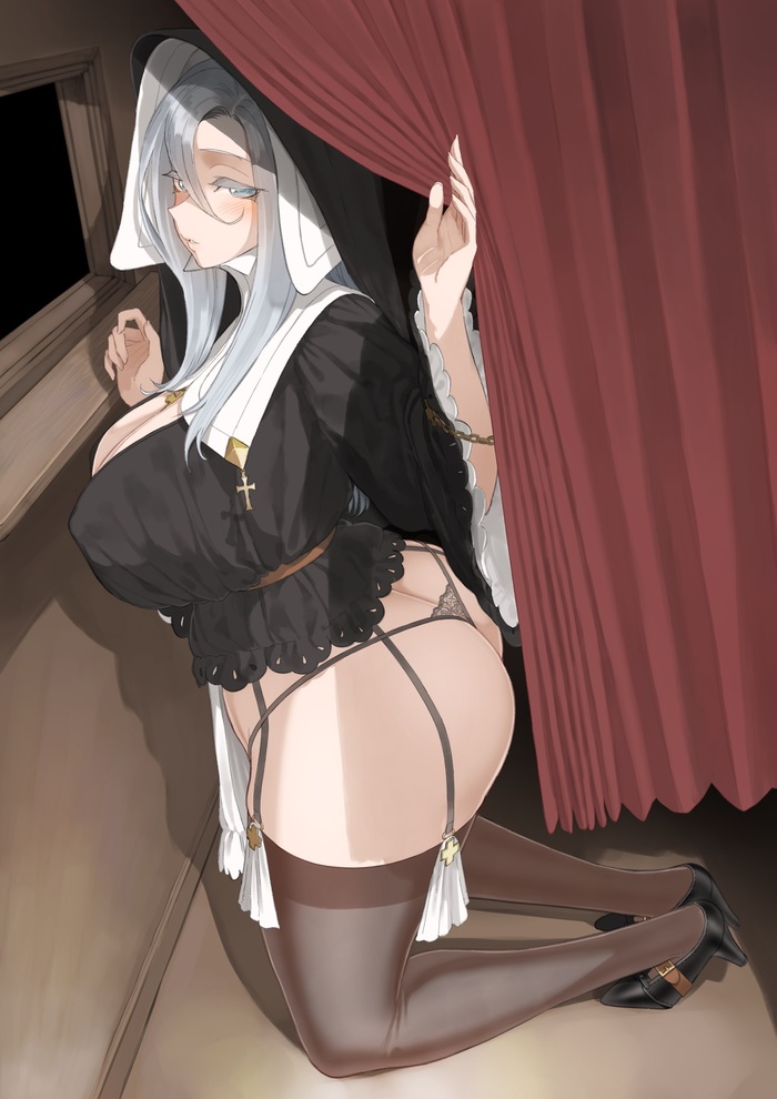 Waiting for Confession - NSFW, Art, Anime art, Original character, Nun, Girls, Erotic, Hand-drawn erotica, Underwear, Stockings, Boobs, Booty, Pantsu, On the knees, Side view, Throtem