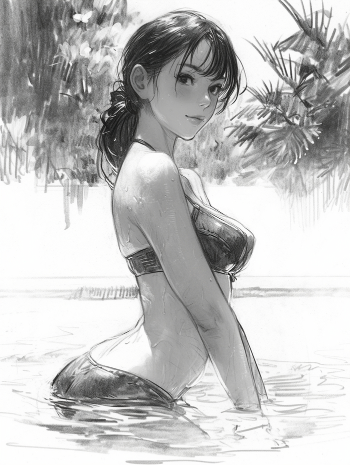 Poolside Perfection - NSFW, My, Neural network art, Anime, Anime art, Girls, Art, Swimsuit, Black and white, Pencil drawing, Original character, Sports girls, Swimming pool, Erotic