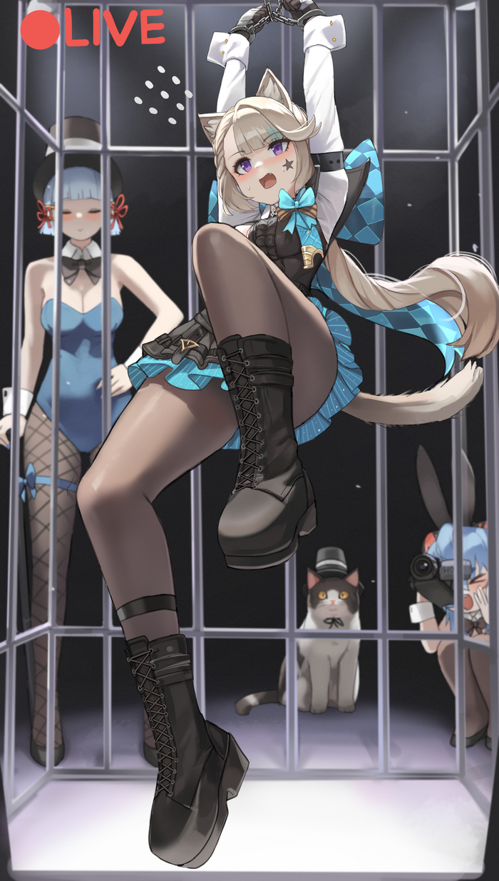 Will the master illusionist Lynette be able to extricate himself this time... - NSFW, Anime art, Anime, Girls, Games, Genshin impact, Kamisato Ayaka (Genshin Impact), Ganyu (Genshin Impact), Lynette (Genshin Impact), Bunnysuit, Bunny ears, cat, Cell, Animal ears, Tail