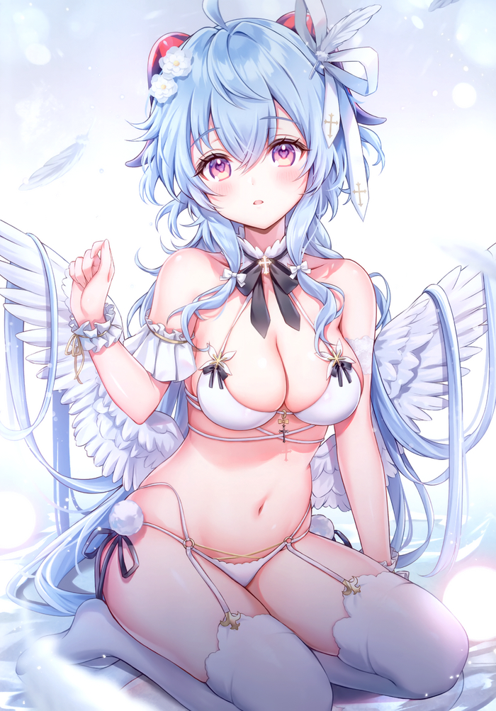 Ganyu - NSFW, Anime art, Anime, Genshin impact, Ganyu (Genshin Impact), Girl with Horns, Wings, Stockings, Suspenders