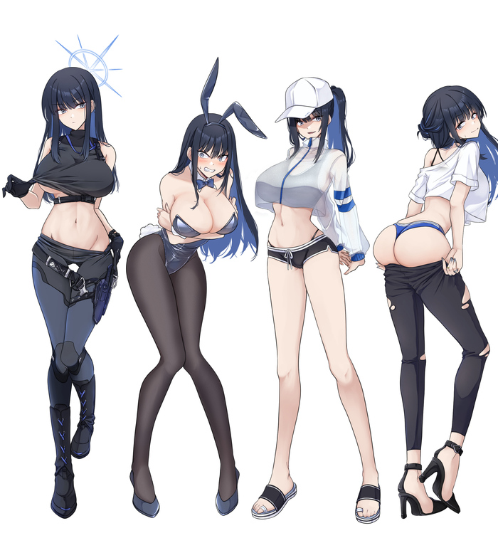 Saori in different images - NSFW, Art, Anime, Anime art, Blue archive, Joumae Saori, Bunnysuit, Booty, Swimsuit, Boobs, Erotic, Hand-drawn erotica