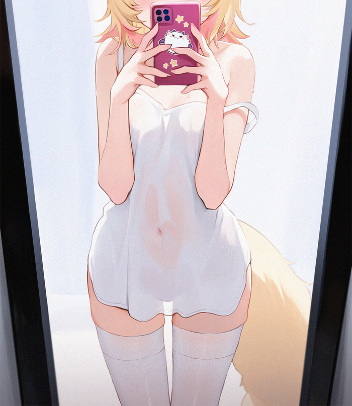 Mococo selfie - NSFW, Anime Art, Аниме, Hololive, Virtual YouTuber, Mococo Abyssgard, Хвост, Чулки, Koahri