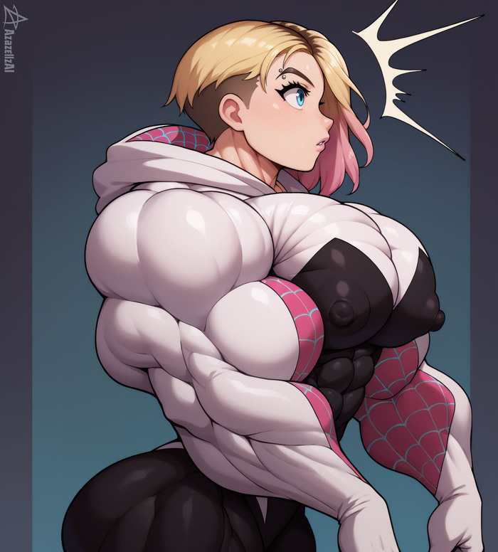 Spider-Gwen - NSFW, Muscleart, Strong girl, Sleep-Sleep, Extreme muscles, Neural network art, Gwen Stacy, Azazellzai