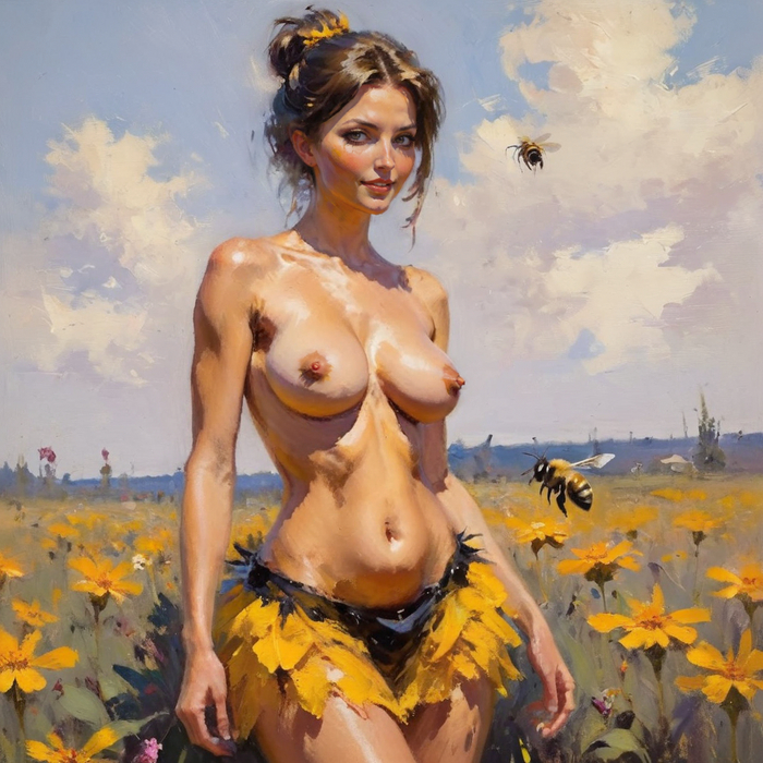 Summer - NSFW, My, Neural network art, Stable diffusion, Erotic, Boobs, Art, Wildflowers, Bumblebee
