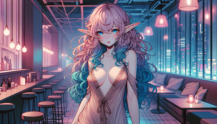 Lust of the Succubus Restaurant, welcome - NSFW, My, Hand-drawn erotica, Erotic, Girls, Anime art, Anime, Neural network art, Original character, The dress, A restaurant, Elves, Boobs, Topless, Atmosphere, Long hair, Pink hair, Neckline, Art, Dall-e, Colorful hair