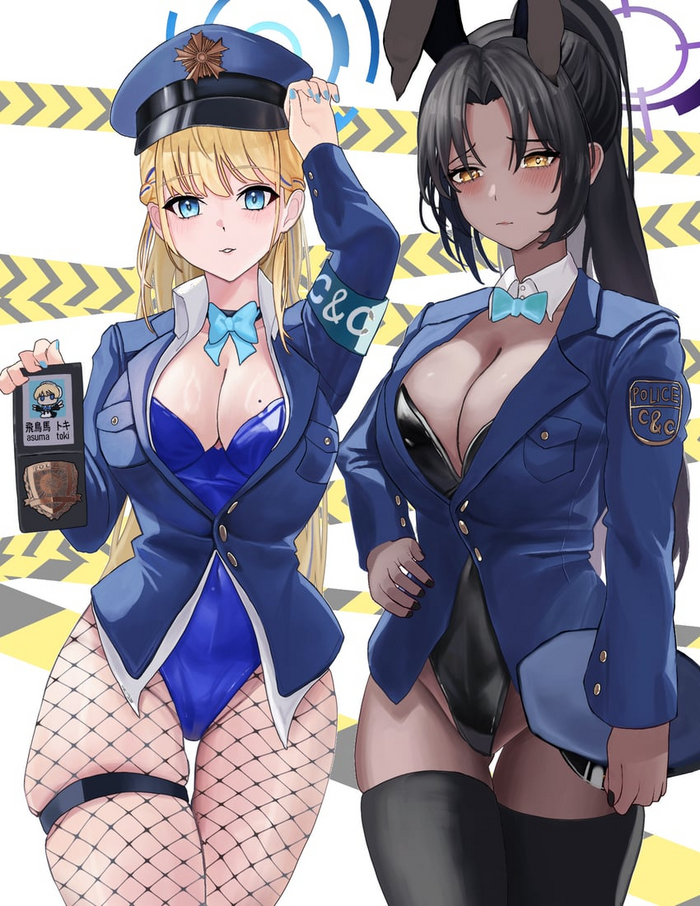 you are under arrest - NSFW, Anime, Anime art, Blue archive, Asuma Toki, Kakudate karin, Bunnysuit, Bunny ears, Stockings, Tights