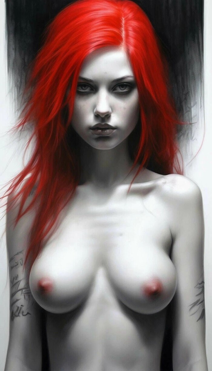 Girls from Shedevrodum #27 - NSFW, My, Neural network art, Masterpiece (Yandex), Girls, Boobs, Hand-drawn erotica, Black and white, Redheads, Girl with tattoo, Longpost