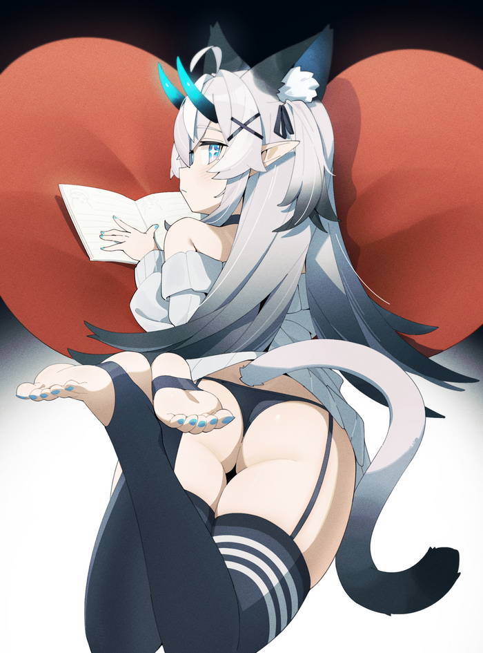 Big cat butt with horns - NSFW, Anime, Anime art, Booty, Stockings, Suspenders, Pantsu, Girl with Horns, Animal ears, Longpost