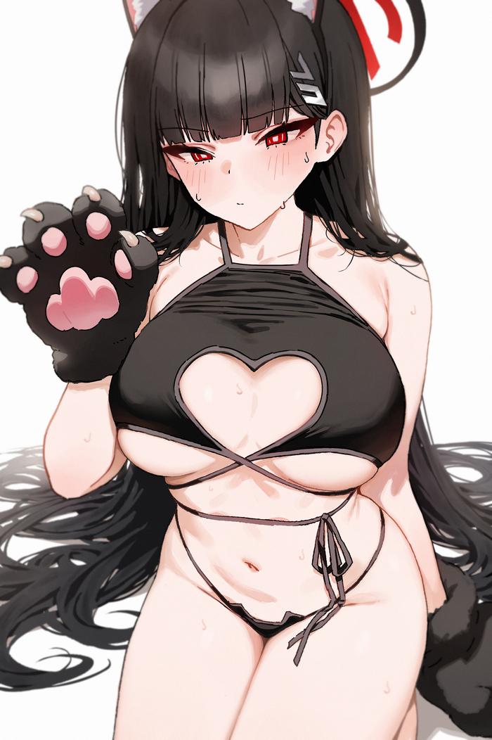 Rio the Cat - NSFW, Art, Anime, Anime art, Blue archive, Tsukatsuki Rio, Cat keyhole bra, Boobs, Red eyes, Erotic, Hand-drawn erotica, Neko, Mochirong