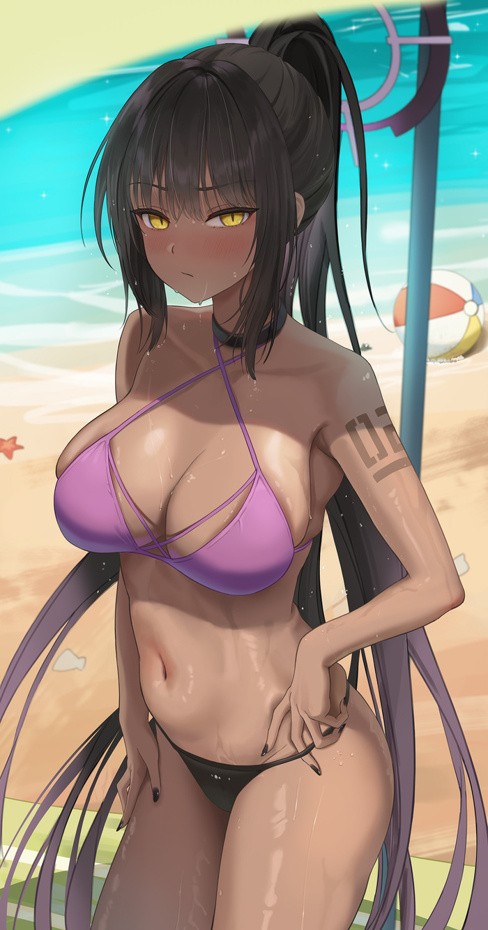 Chocolate & Beach - NSFW, Art, Anime, Anime art, Blue archive, Kakudate karin, Boobs, Swimsuit, Beach, Choker, Sea, Erotic, Hand-drawn erotica