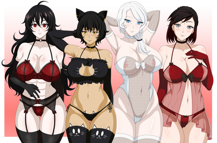 Team MILF - NSFW, RWBY, Willow Schnee, Арт, Эротика, Anime Art, Аниме, Pixiv, Raven Branwen, Kali Belladonna, Summer Rose, Нижнее белье, MILF