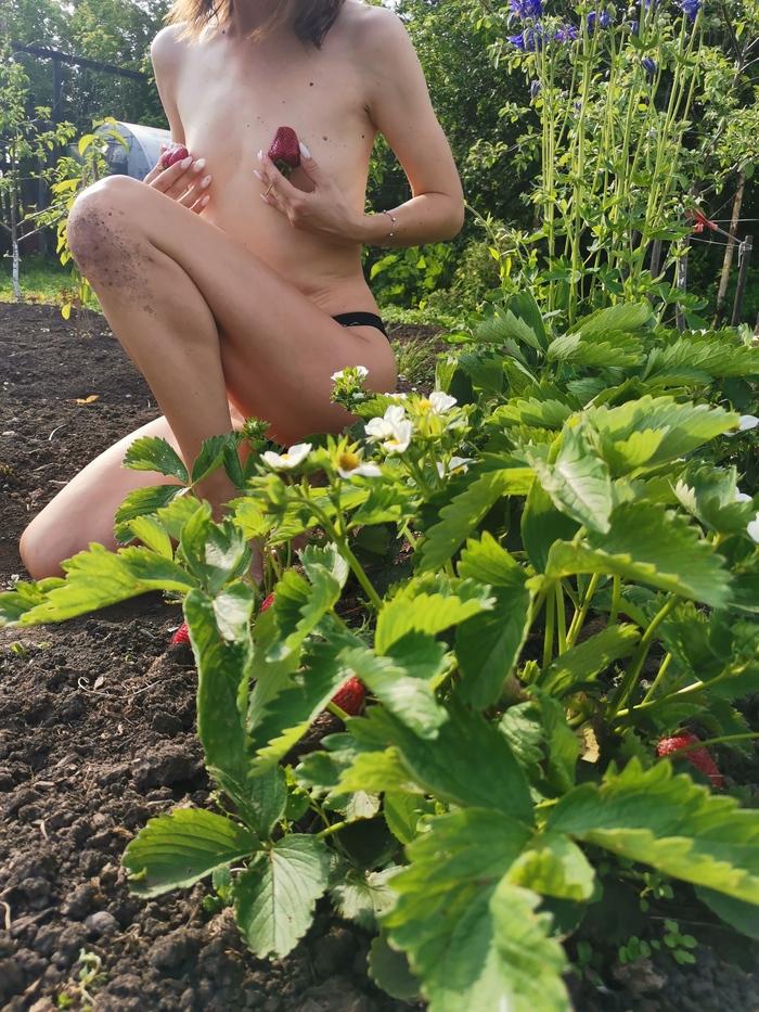 Strawberry - NSFW, My, Erotic, Garden, Longpost, Boobs, Summer, Homemade