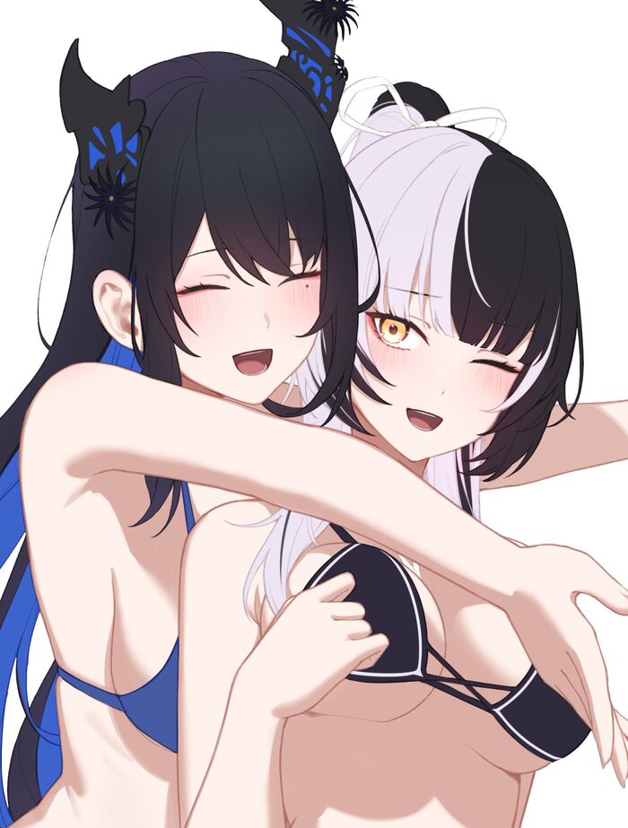 Nerissa & Shiori - NSFW, Anime art, Anime, Friend, Hololive, Virtual youtuber, Nerissa Ravencroft, Shiori Novella, Swimsuit, Hugs, Twitter (link)