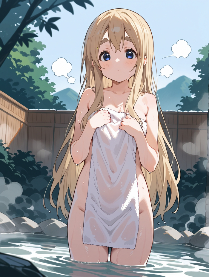 Hot spring moogs - NSFW, My, Girls, k-On, The hot springs, Art, Anime, Anime art, Tsumugi Kotobuki, Neural network art, Water, Blonde, Characters (edit), Towel, Relaxation