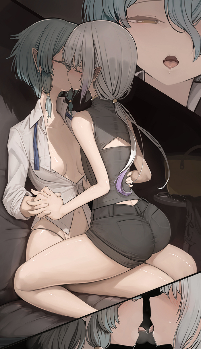 Original - NSFW, Anime art, Anime, Yuri, Friend, Genek, Kiss, Holding hands