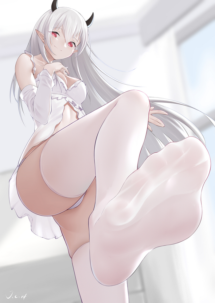 Hello, people of high culture - NSFW, Anime, Anime art, Original character, Foot fetish, Stockings, Pantsu, Girl with Horns, Longpost