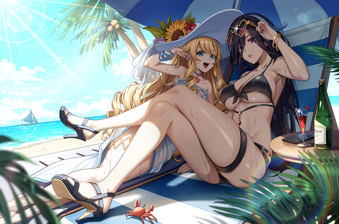 Ladies on the beach - NSFW, Genshin impact, Pixiv, Anime art, Anime, Navia (Genshin Impact), Clorinde (Genshin Impact), Swimsuit