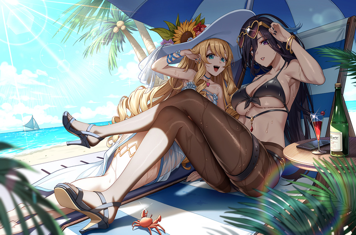 Ladies on the beach - NSFW, Genshin impact, Pixiv, Anime art, Anime, Navia (Genshin Impact), Clorinde (Genshin Impact), Swimsuit