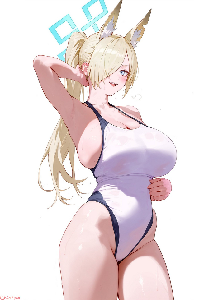 Zabustik - NSFW, Anime, Boobs, Anime art, Swimsuit, Animal ears, Ogata Kanna, Blue archive